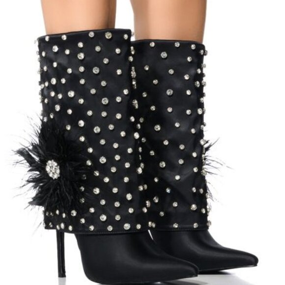 AZALEA WANG "HIGH SOCIETY" BLACK DIAMOND STUDDED BOOT W/ FLOWER DETAIL(BRAND NEW - Picture 1 of 8